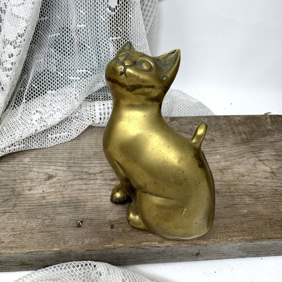 Vintage Solid Brass Cat Figurine Statue 5" Tall Decorative Home Decor - Picture 3 of 9